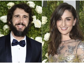 In this combination photo, Josh Groban, left, and Sara Bareilles arrive at the 71st annual Tony Awards in New York. Groban and Bareilles will host the 72nd annual Tony Awards on Sunday, June 10, 2018.