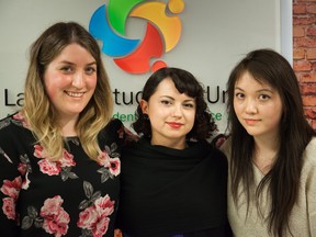 Former youth in care (left to right) Emily Goncalves, Brittney Appleby, and Ashley Jakob, have received money from the Youth Futures Education Fund. Handout from the Ministry of Advanced Education