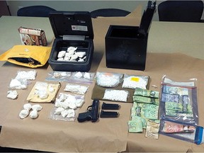 Some of the drugs and cash seized by Abbotsford police in May 2016 after officers executed 10 search warrants of cars and of a residence or residences connected to Corey Jim Perkins, 28.