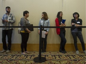 When a sample of residents of affluent nations were asked if they supported government programs that would “provide jobs for everyone who wants one,” there was significant resistance. {File photo: People line up for a job fair in Vancouver.)
