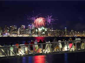 Thousands take in the  late night Canada Day  fireworks in front of Canada Place,  seen here from the North Shore.