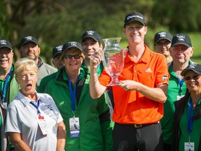 Jordan Niebrugge, standing here with volunteers, won the 2018 Freedom 55 Financial Open at Point Grey Golf Club in Vancouver,.