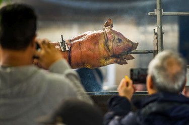 People photograph a pig on a spit at Italian Day on Commercial Drive on June 10, 2018.