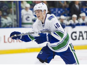 Canucks prospect Olli Juolevi skates during NHL preseason hockey action against the Winnipeg Jets at the Young Stars Classic held at the South Okanagan Events Centre in Penticton, BC, September, 8, 2017.