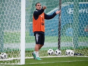 France's forward Antoine Griezmann reacts during a training session at the Glebovets stadium in Istra, on June 12, 2018