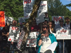 Tamara Knott, in green, at the school tax rally on June 4, 2018, at Quilchena Park in Vancouver.