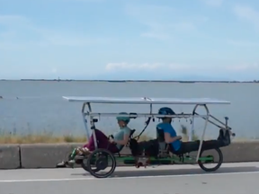 Justin Lemire-Elmore and Anne-Sophie Rodet are driving a solar-electric rowbike in the SunTrip 2018 e-bike rally. They took the trike for a spin out near Tsawassen recently.