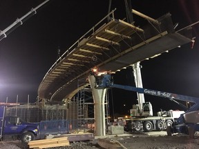 Photo taken June 14, 2017 during the overnight installation of the new Galloping Goose Trail bridge over McKenzie Avenue in Greater Victoria. part of the construction of the interchange of the Avenue with the Trans-Canada Highway.