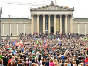 MUNICH, GERMANY - JULY 22: Demonstrators march to protest against the Bavarian Social Union (CSU), the Bavarian Christian Democratic party, on July 22, 2018 in Munich, Germany. The protesters, marching under the motto: "Together Against Politics of Fear", are demonstrating against the recent swing to the right by the CSU and its leaders, including party leader Horst Seehofer and Bavarian Governor Markus Soeder, over migration policy ahead of Bavarian state elections scheduled for October.