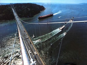 Boats and ships travel under the Lions Gate Bridge to get from English Bay to Burrard Inlet and vice versa.
