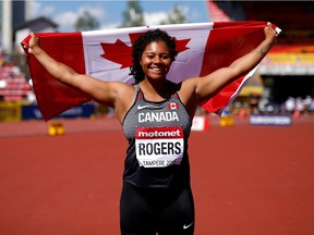 Camryn Rogers of Canada celebrates winning gold in the final of the women's hammer on day five of The IAAF World U20 Championships on July 14, 2018 in Tampere, Finland.