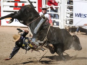Fabiano Vieira of Perola, Brazil, comes off his mount during bull-riding-finals action at the Calgary Stampede on July 15.