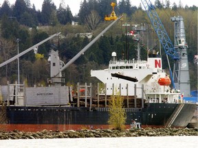 Raw logs are loaded onto a ship at Surrey Fraser Docks.