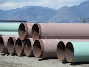 Pipes are seen at the pipe yard at the Trans Mountain facility in Kamloops, B.C., Monday, March 27, 2017.