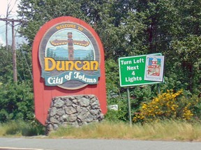 A signpost indicating that you have arrived at Duncan, British Columbia. The Ye’yumnuts village near Duncan, B.C., is about to become a living Indigenous history lesson where the local school district will use the 2.4-hectare meadow as a place-based classroom.