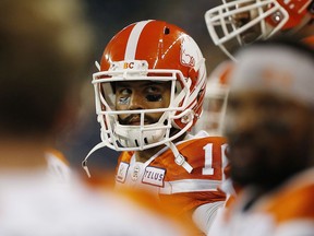 BC Lions quarterback Jonathon Jennings (10) on the bench during the second half of CFL action against the Winnipeg Blue Bombers in Winnipeg Saturday, July 7, 2018.