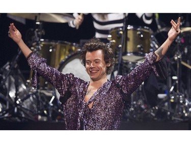 Former One Direction singer Harry Styles performs during his debut solo tour at Rogers Arena in Vancouver on Friday, July 6, 2018.