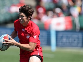 Britt Benn in action for Canada against Brazil at the 2018 Rugby World Cup Sevens in San Francisco.