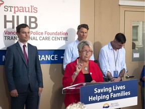 Judy Darcy, B.C. minister of mental health and Addictions, speaks Tuesday at the opening of the St. Paul's Hospital HUB, a centre that will have up to 10 beds dedicated to rapid assessment, treatment and stabilization for some of the 11,000 patients the hospital treats annually for mental health and/or substance abuse issues.