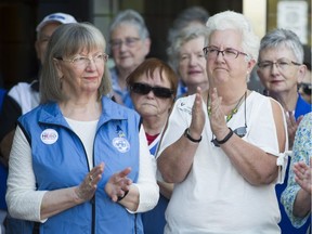 The president of the Langley Memorial Hospital Auxiliary, Thelma Boileau, left, and the past-president, Diane Thornton, at an event where the Auxiliary donated $1.5 million to the hospital to help build a new ER.