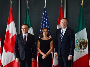 Minister of Foreign Affairs Chrystia Freeland meets for a trilateral meeting with Mexico's Secretary of Economy Ildefonso Guajardo Villarreal, left, and Ambassador Robert E. Lighthizer, United States Trade Representative, during the final day of the third round of NAFTA negotiations at Global Affairs Canada in Ottawa on Wednesday, Sept. 27, 2017.