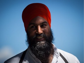 NDP Leader Jagmeet Singh arrives for a news conference to speak about the upcoming elimination of Greyhound bus service, in Vancouver, on Friday July 13, 2018.