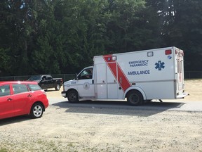 An ambulance at Sechelt-Gibsons Airport where one man died after a small plane crashed during takeoff at the end of the runway on Thursday afternoon.