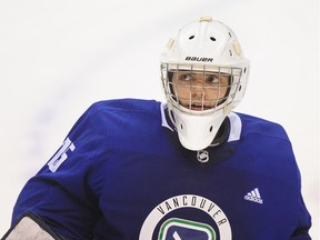 Michael DiPietro (75) in action during Vancouver Canucks rookie camp at Rogers Arena in Vancouver, BC. July 2, 2018.