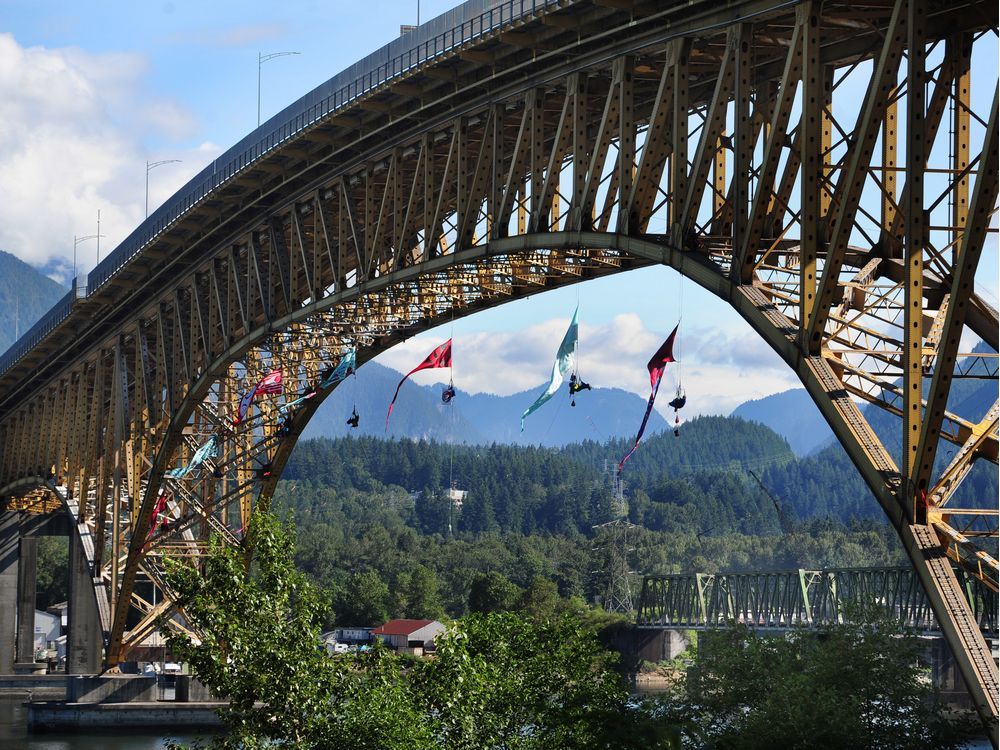Pipeline protesters suspend from Ironworkers Bridge in aerial blockade