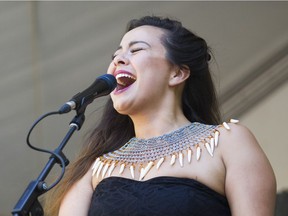 VANCOUVER. July 13 2018.  L-R. Quantum Tangle's Tiffany Ayalik  performs at the 41st annual Vancouver Folk Music Festival, at Jericho Beach Vancouver, July 13 2018. ( Gerry Kahrmann  /  PNG staff photo )( For Prov / Sun News )  00053948A  Story by stuart Derdyn [PNG Merlin Archive]