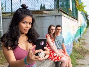 From left, Grace Le, Olivia Lang, and Carlen Escarraga perform Christine Quintana's Selfie as part of 2018 Tremors Festival, Aug. 16-25.