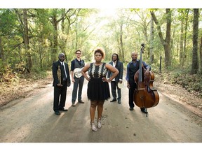 Ranky Tanky, the Charleston, NC, jazz-blues-Gullah group featuring Quentin E. Baxter (drums), Kevin Hamilton (bass), Quiana Parler (vocals, centre), Clay Ross (guitar, vocals), Charlton Singleton (trumpet, vocals)