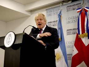 British Foreign Secretary Boris Johnson talks at a press conference in Buenos Aires, Argentina, Tuesday, May 22, 2018.