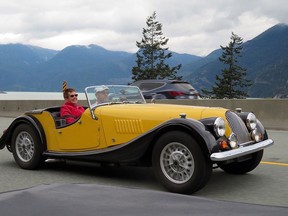 Tom (driving) and Valerie Morris  in their 1969 Morgan Plus 8 at the start of a trip from West Vancouver to Kamloops on Aug. 11, 2018, that ended in tragedy when a mudslide swept the vehicle with Valerie in it off Highway 99 near Cache Creek during a violent thunderstorm.