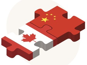 Vector Image - Canada and China Flags in puzzle isolated on white background.