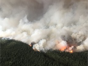 At least 32 buildings have been destroyed so far in the merged South Stikine River and Alkali Lake blazes, shown here on Aug. 8, 2018.