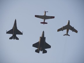 The US Air Force Heritage flight with a P51, F86, F16 and F35 perform at the 2017 Abbotsford Airshow.