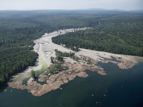 Contents from a tailings pond is pictured going down the Hazeltine Creek into Quesnel Lake near the town of Likely, B.C. on August, 4, 2014. British Columbia Premier John Horgan says he was shocked to learn that no provincial charges will be laid in the 2014 collapse of the tailings dam at the Mount Polley mine.