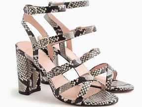 Buckled faux snakeskin heeled sandals, $314 at J.Crew, jcrew.com.