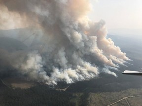 The Gottfriedsen Mountain wildfire, located 24 km west of West Kelowna, on August 9, 2018.