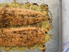 Anchovy- and garlic-enhanced butter lends a savoury punch of flavour to salmon fillets, which cook in just a few minutes under the broiler.