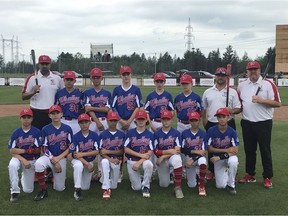 Whalley Little League. Top row Coach Lucky Pawa, Dio Gama, Ian Huang, Zaeden Pleasants, Jaren Ashbee, Cole Balkovec, coaches Mike Marino, Dean Mayencourt. Bottom row Jordan Jaramillo, Kai Sheck, Mattais Brisson, Ty Grewal, Colten Myers, Joey Marino, Nate Colina, Andre Juco. All from left to right