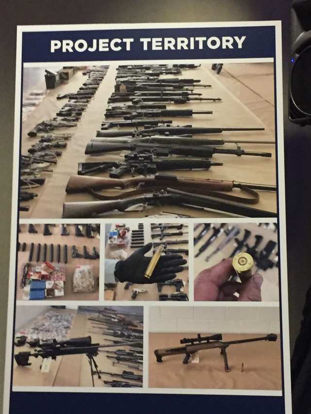 Some of the firearms seized by police and displayed at a news conference on Friday in Vancouver that announced the arrest of 14 gangsters who face 93 charges. (Photo: Kim Bolan)
