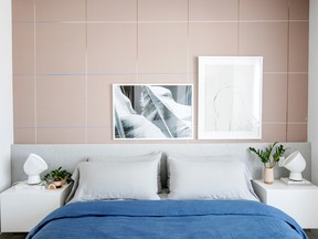 By extending the MALM headboard in Mosaic’s Hawthorne show suite master bedroom, designer Laura Melling used an IKEA hack to create the look and feel of custom-designed furnishings.