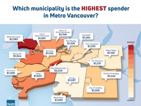Fraser Institute map shows per-capita spending on municipal government finances for 17 of the 21 Metro Vancouver municipalities.