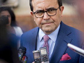 Ildefonso Guajardo Villarreal, Mexico's secretary of economy, listens to a question while speaking to members of the media outside the office of the U.S. Trade Representative in Washington, D.C.