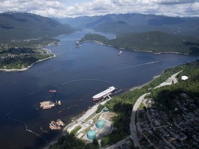 A aerial view of the Trans Mountain marine terminal, in Burnaby, B.C., is shown on Tuesday, May 29, 2018.