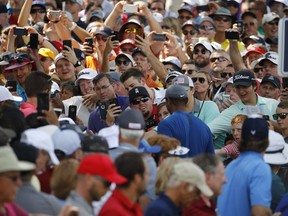 Fan cheer for Tiger Woods as he walks to the 15th tee during a practice round for the PGA Championship golf tournament at Bellerive Country Club, Wednesday, Aug. 8, 2018, in St. Louis.