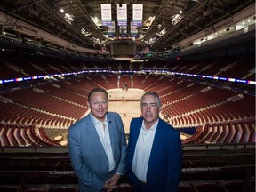 National Lacrosse League commissioner Nick Sakiewicz, left, with Jeff Stipec, the chief operating officer of the Vancouver Canucks, at Rogers Arena in Vancouver. The Canucks bought the Vancouver Stealth in June and will rebrand the team in September.
