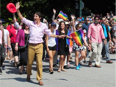 Prime Minister Justin Trudeau in action during the 40th Annual Pride Parade in Vancouver, BC., August 5, 2018.